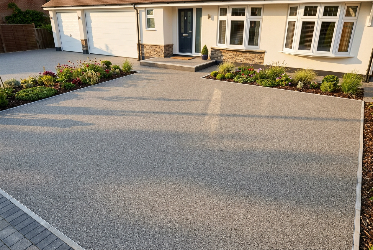 After: warm silver-grey resin bound driveway with elegant landscaping