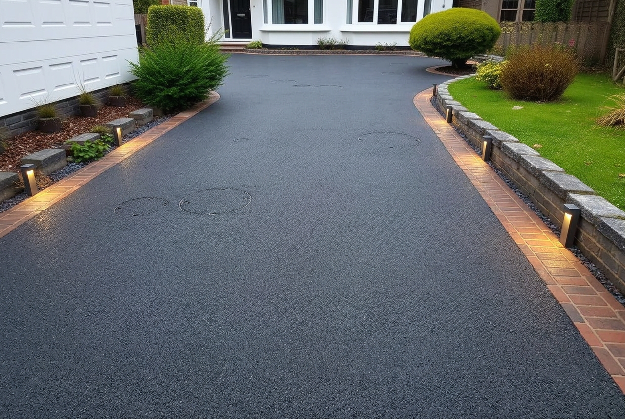 After: charcoal resin driveway with brick border detailing and ambient lighting