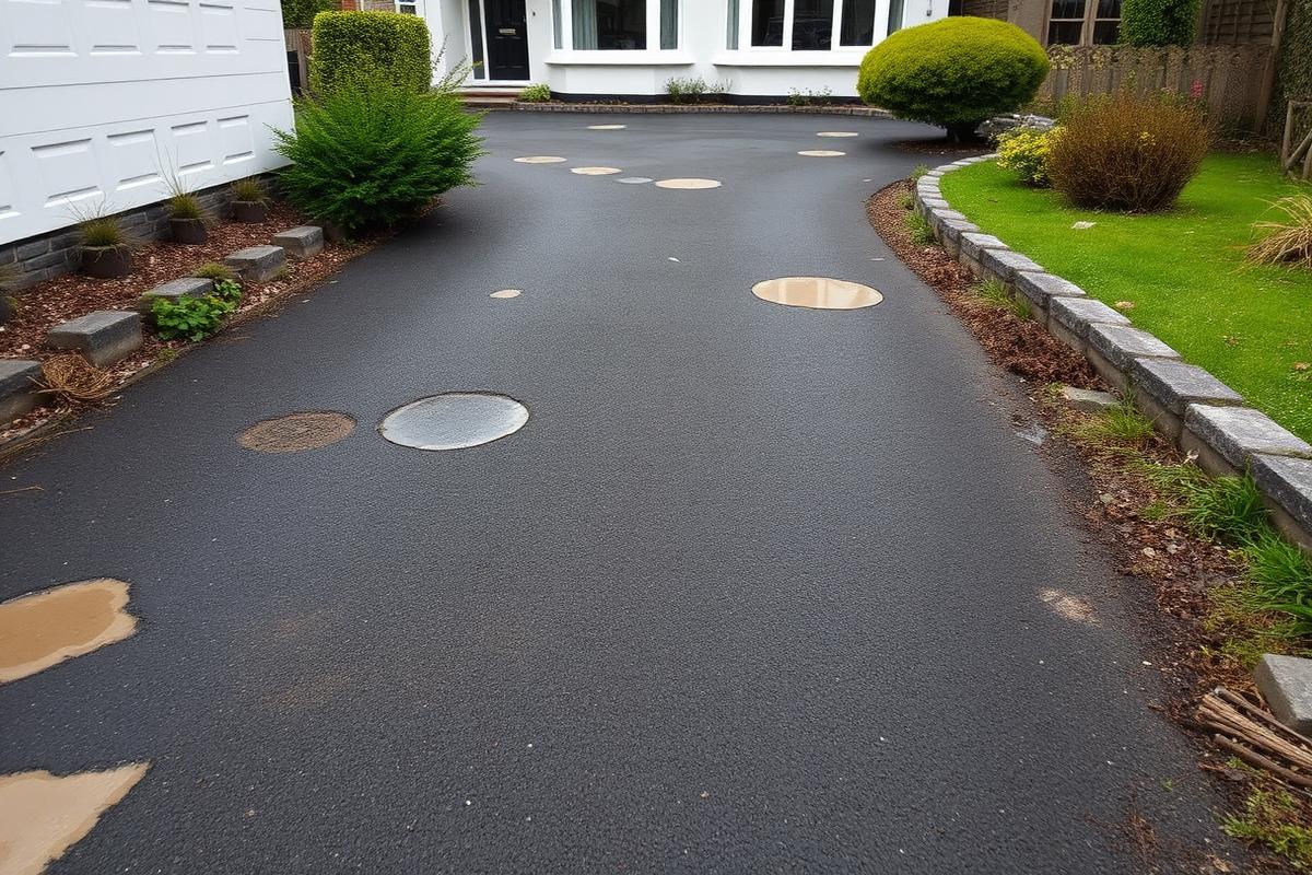 Before: worn patchy asphalt driveway with oil stains and broken edging