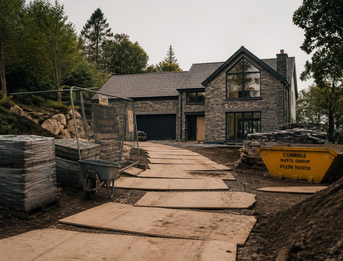 Residential site preparation with temporary fencing, protective boards, stacked materials and a skip in place