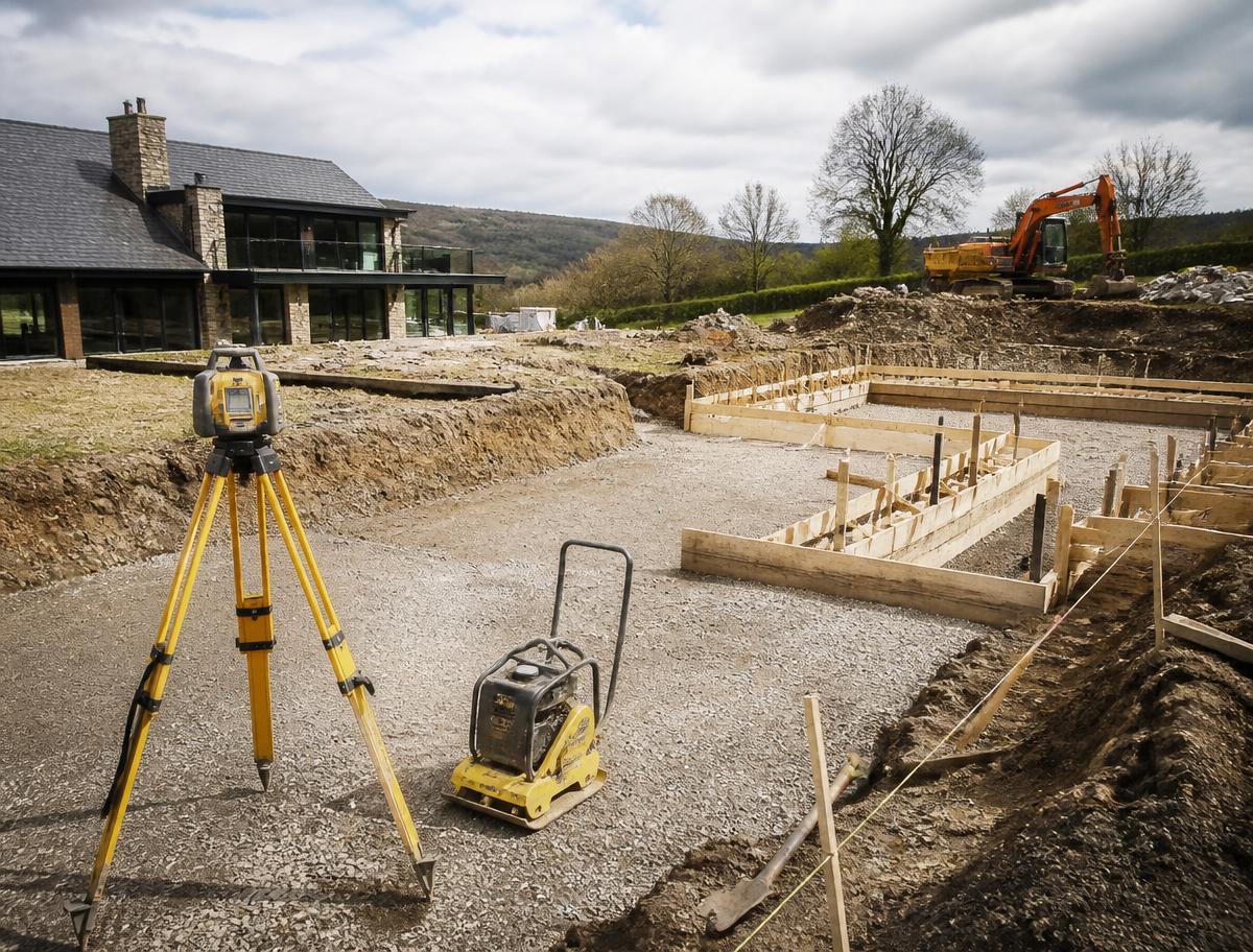 Groundworks in progress with a compacted sub-base, timber shuttering, laser level and compactor on site