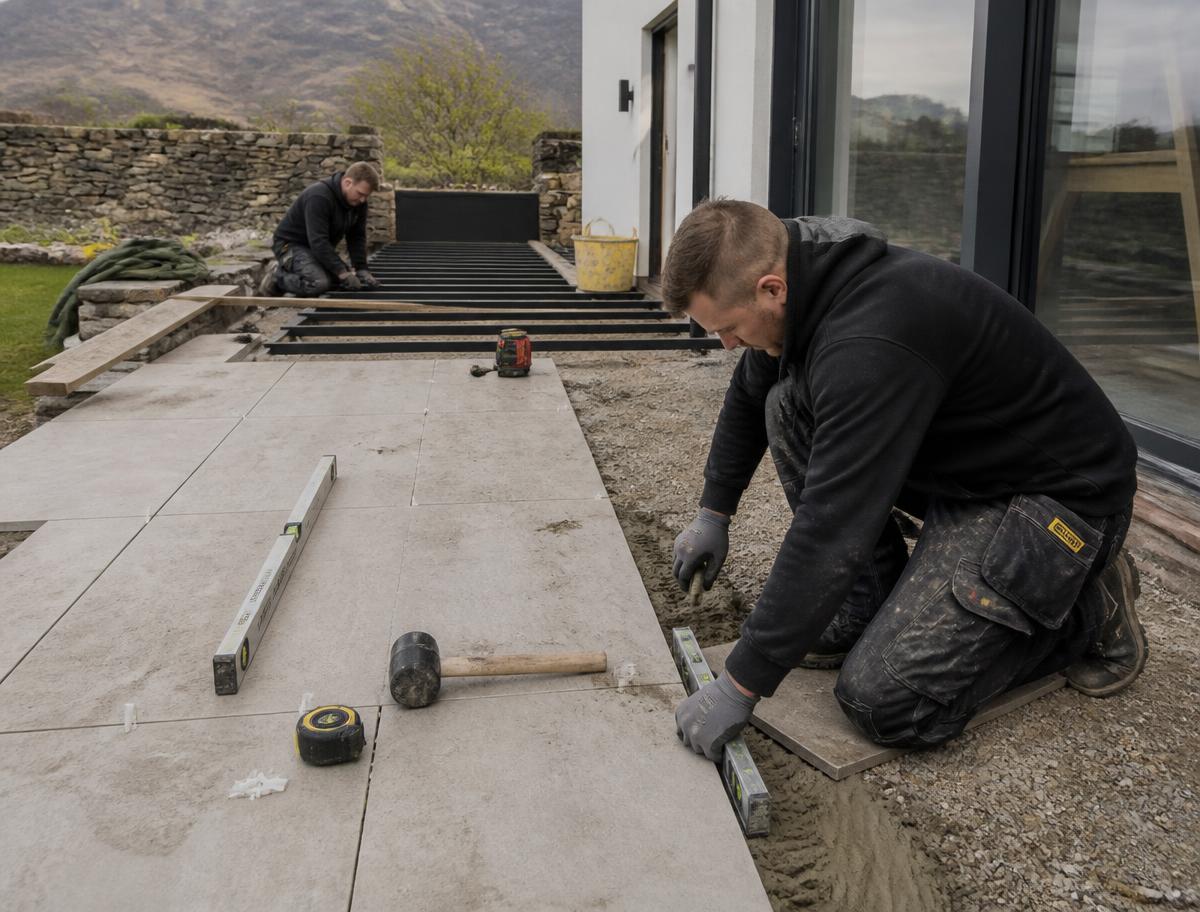 Installers laying large-format porcelain slabs and building composite deck framework with levels and tools