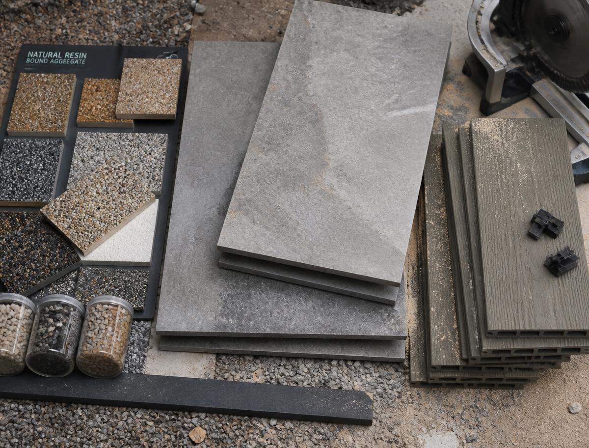 Raw material samples on site including resin aggregate swatches, porcelain slabs and composite decking boards