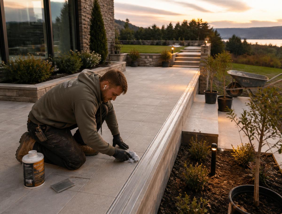 Finishing stage on a porcelain terrace at dusk, with an installer cleaning and sealing the surface