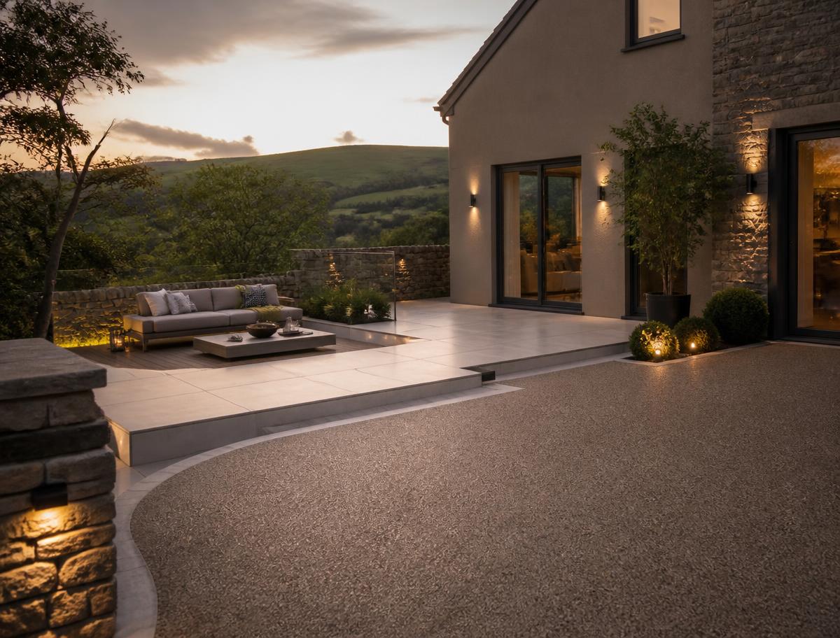 Completed resin driveway and porcelain terrace at golden hour, with soft lighting and outdoor furniture