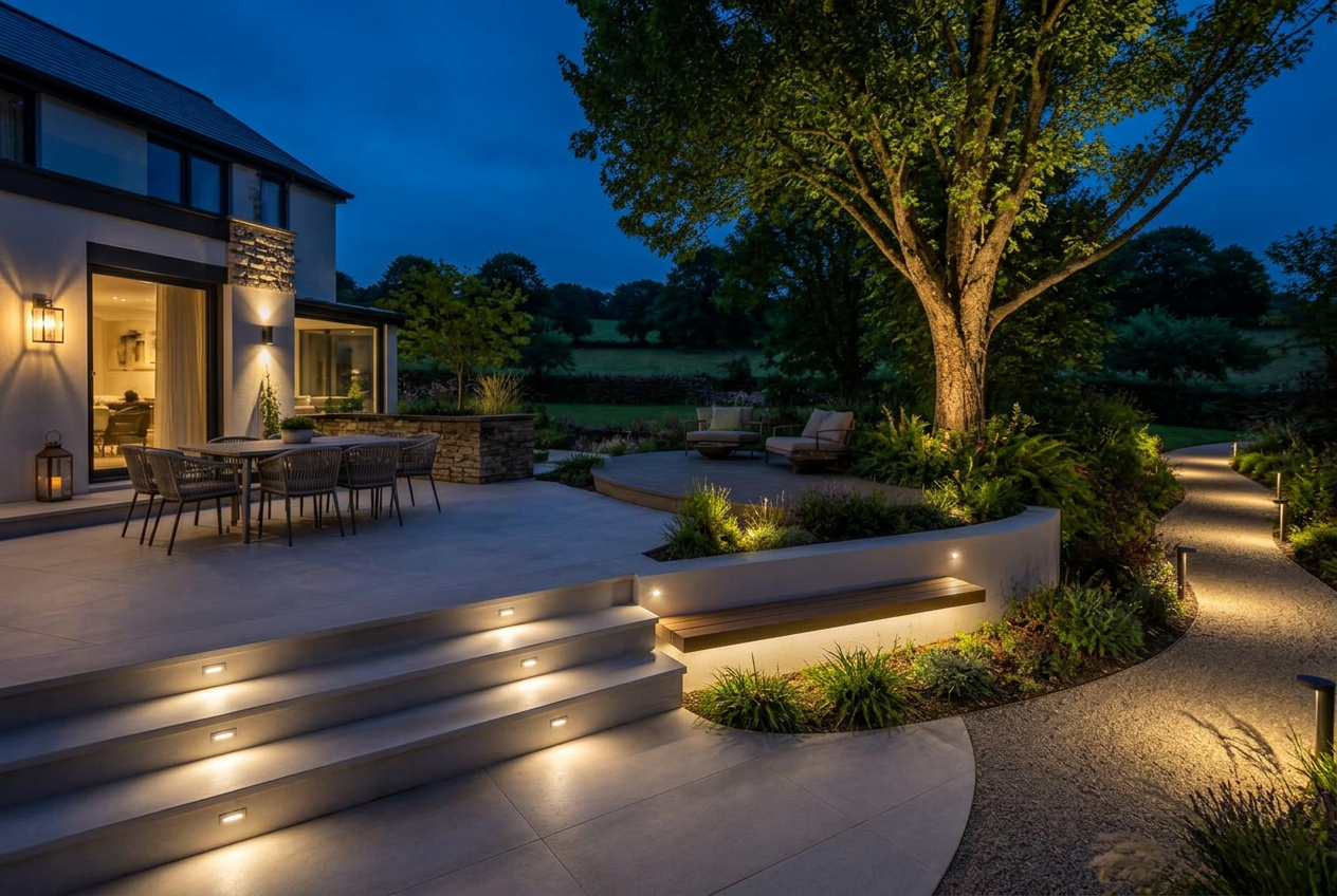 The completed terrace at night with integrated lighting