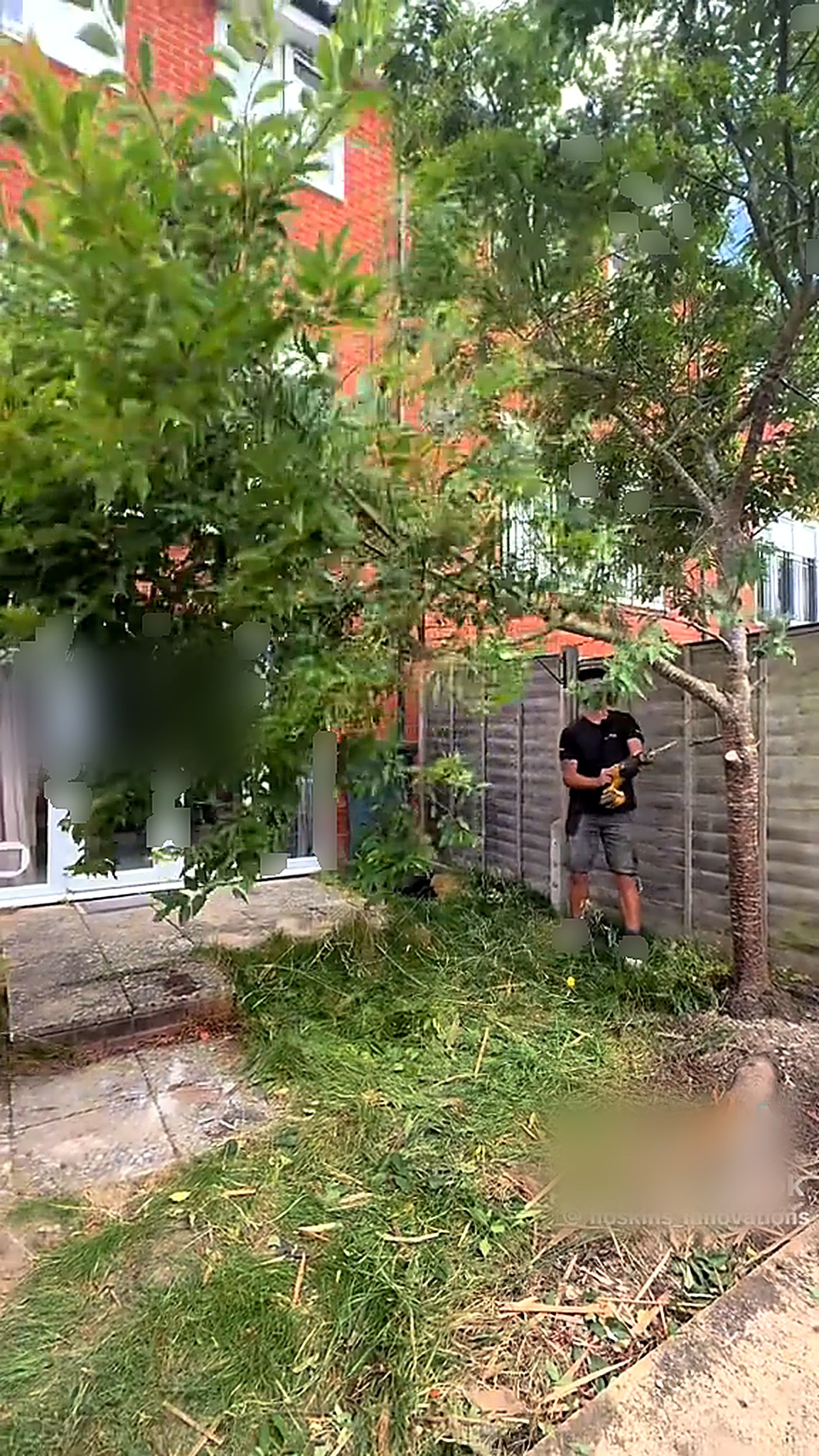Mini excavator clearing an old timber store from a small garden
