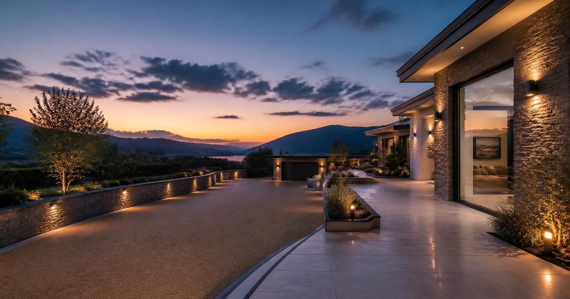 Luxury modern home with illuminated resin driveway and porcelain terrace at twilight