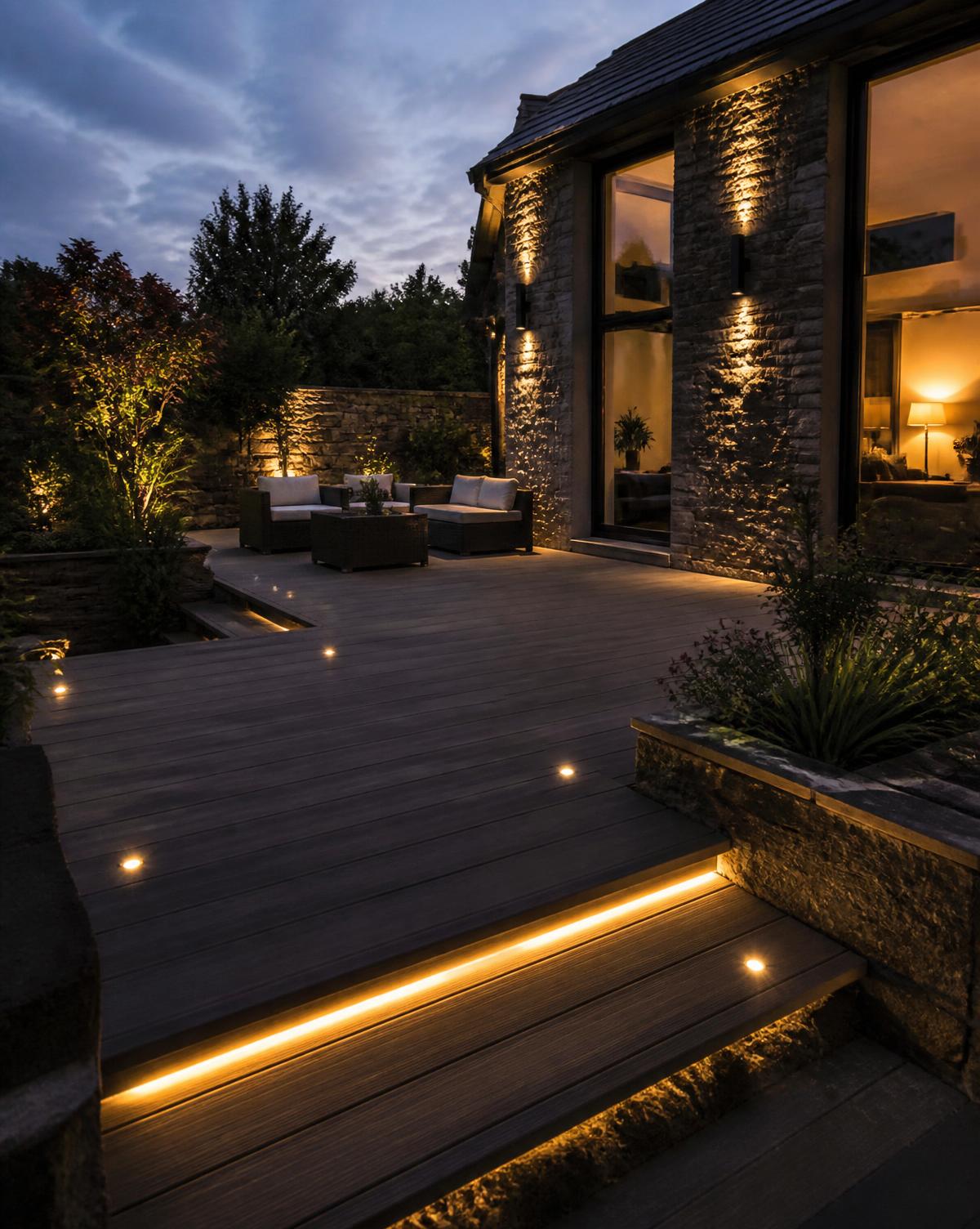 Integrated warm-white LED lighting within premium composite decking on a Cumbrian garden terrace