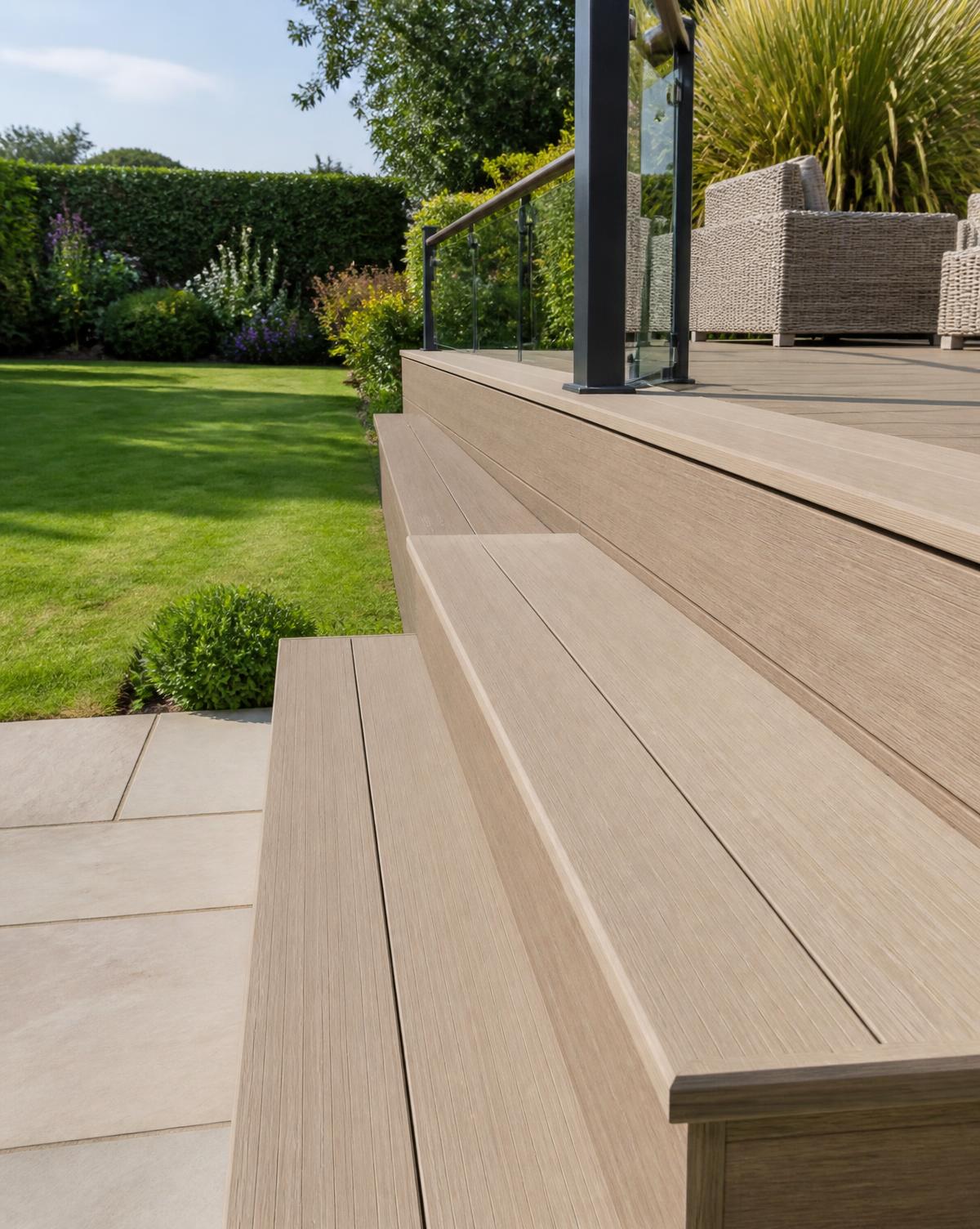 Composite decking steps with matching fascia boards and concealed fixings in a British garden