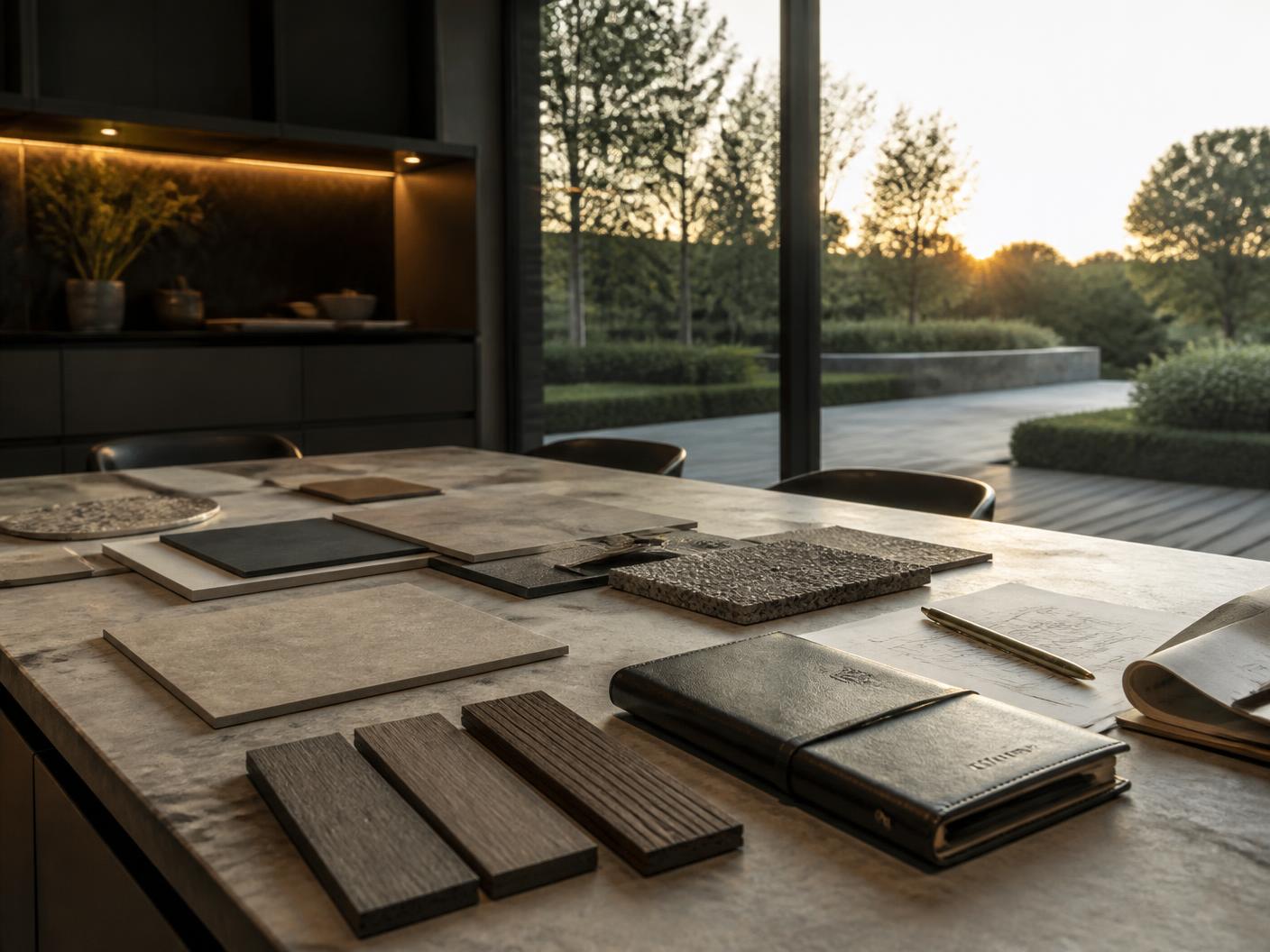 Material samples for porcelain, resin and composite decking laid out beside garden design drawings at golden hour
