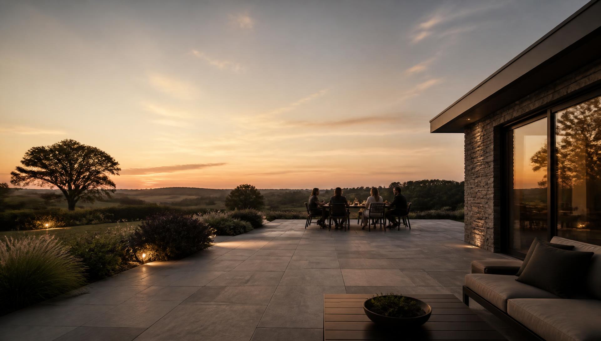 Family dining on a porcelain terrace at dusk beside a contemporary Cumbrian home