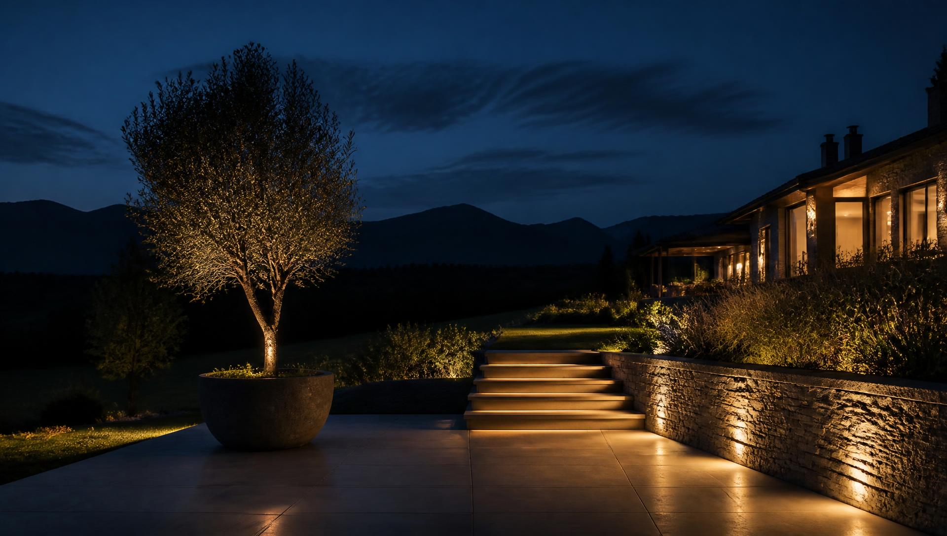 Cumbrian garden terrace at night with restrained warm lighting