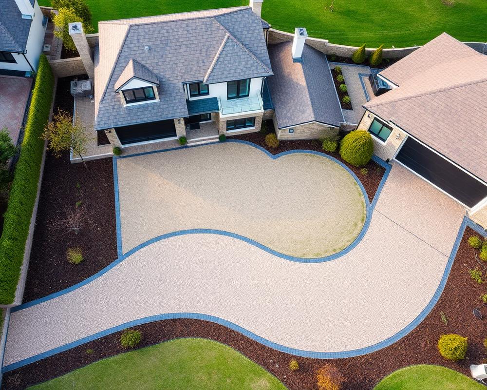 Sweeping resin driveway around a modern detached home