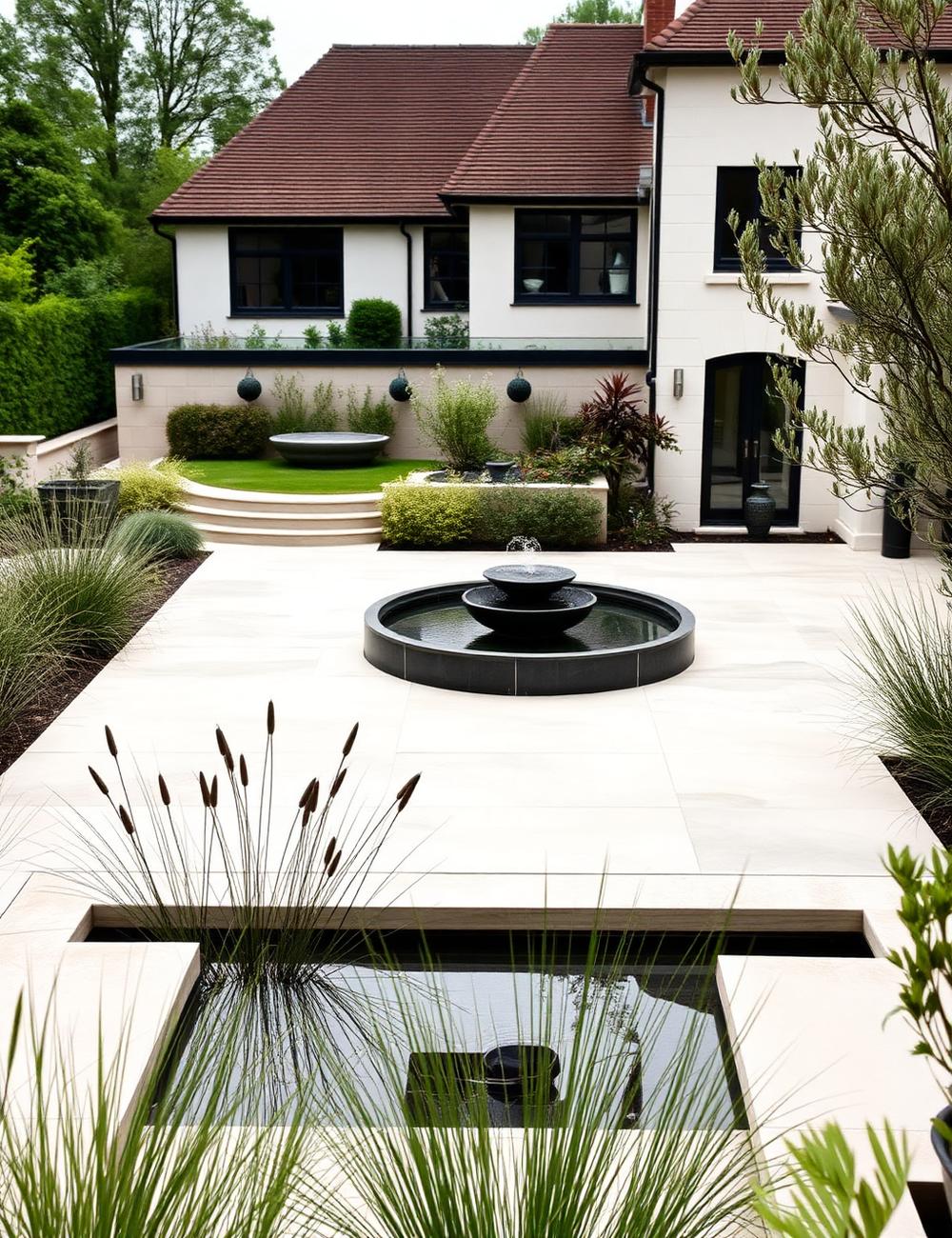 Luxury garden with porcelain patio and water feature