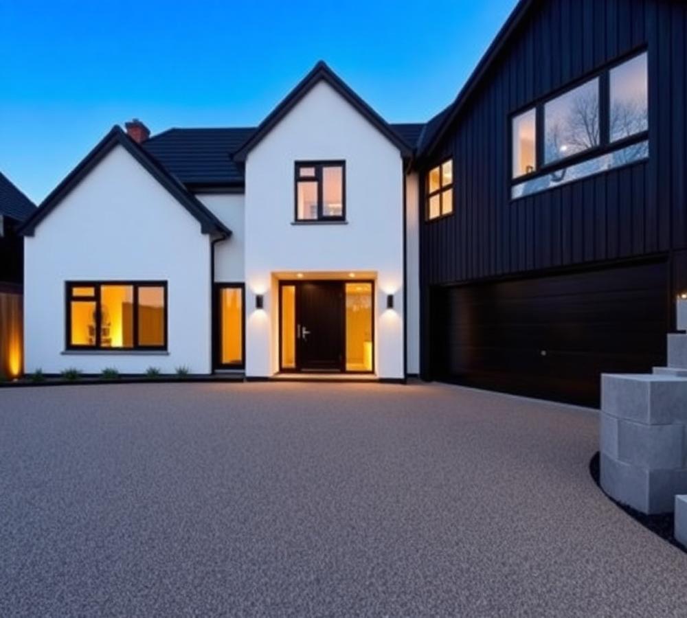 Modern detached home with resin driveway at dusk