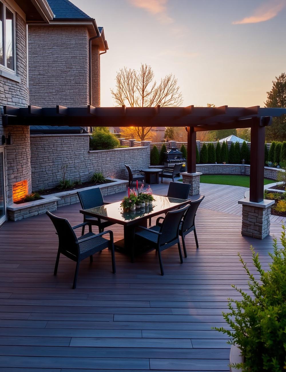 Composite decking dining terrace at golden hour