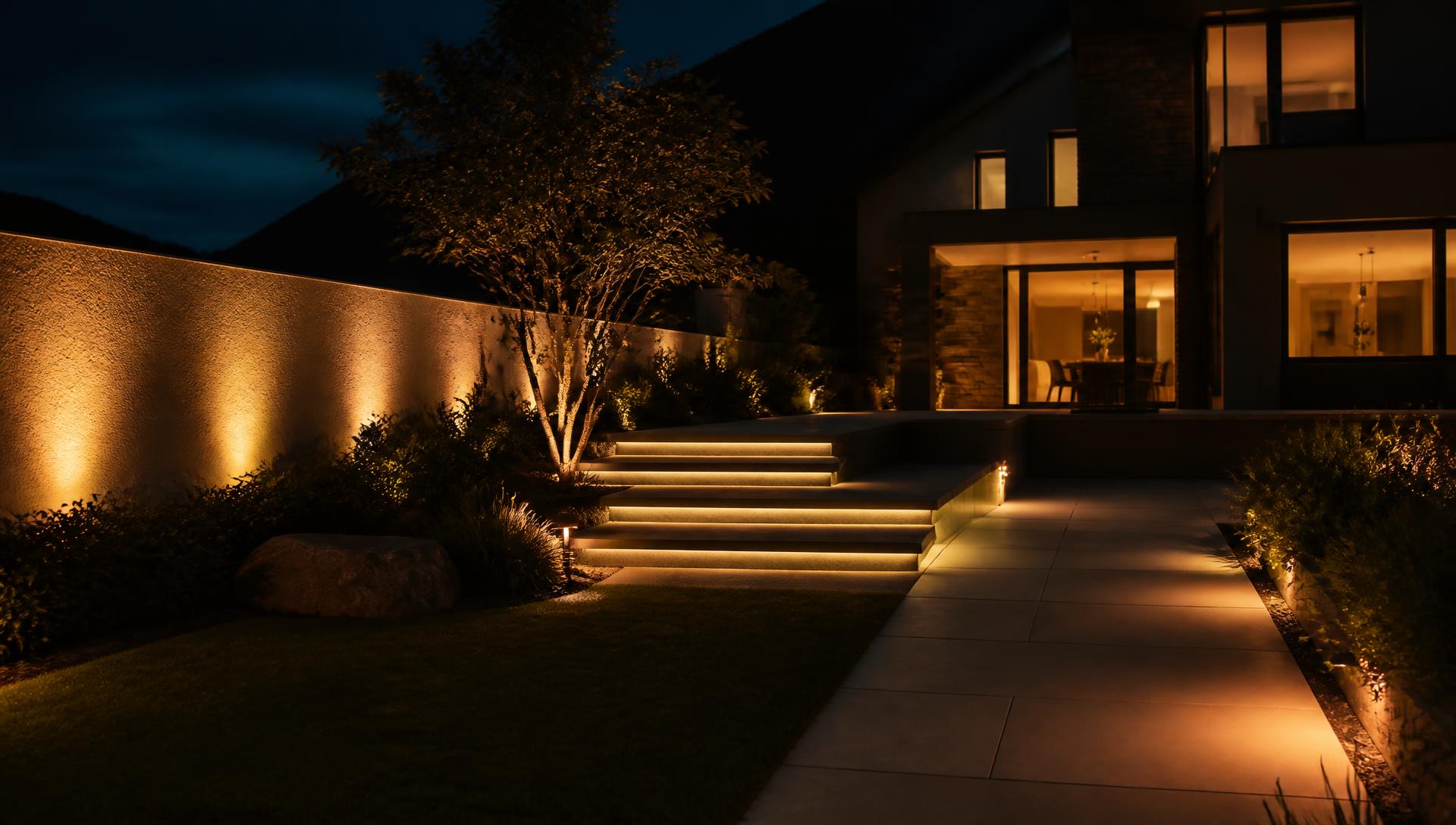 Contemporary Cumbrian home and terrace at night with warm architectural lighting