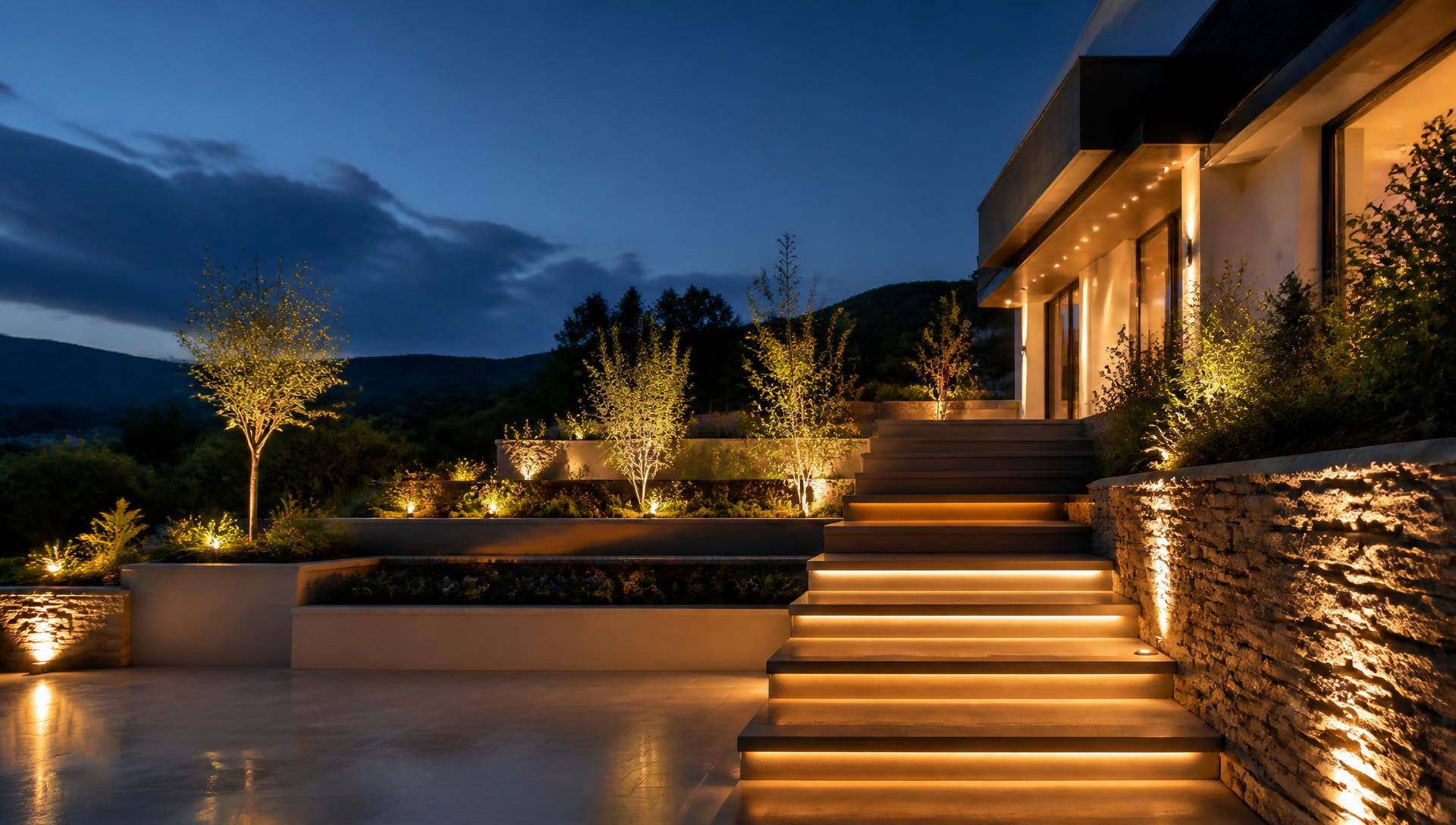 Contemporary Cumbrian garden terrace at dusk with warm integrated lighting
