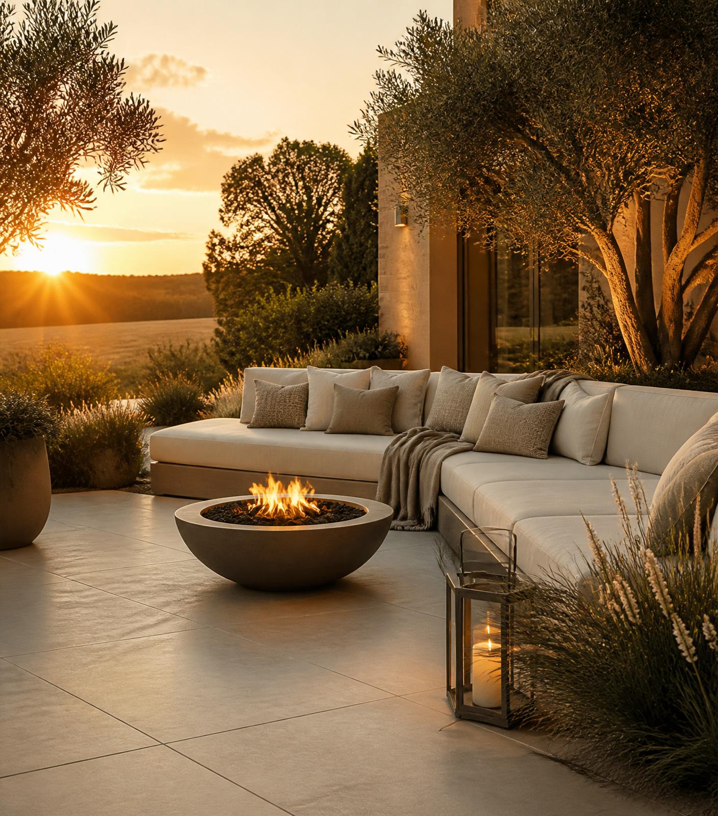 Contemporary outdoor living space with fire bowl at golden hour