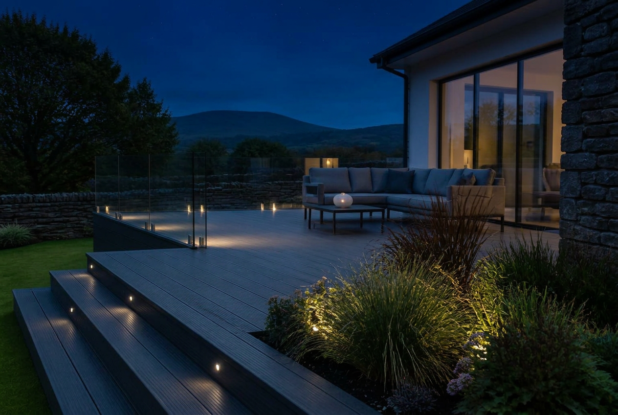 The same composite deck at night with warm recessed edge and step lighting