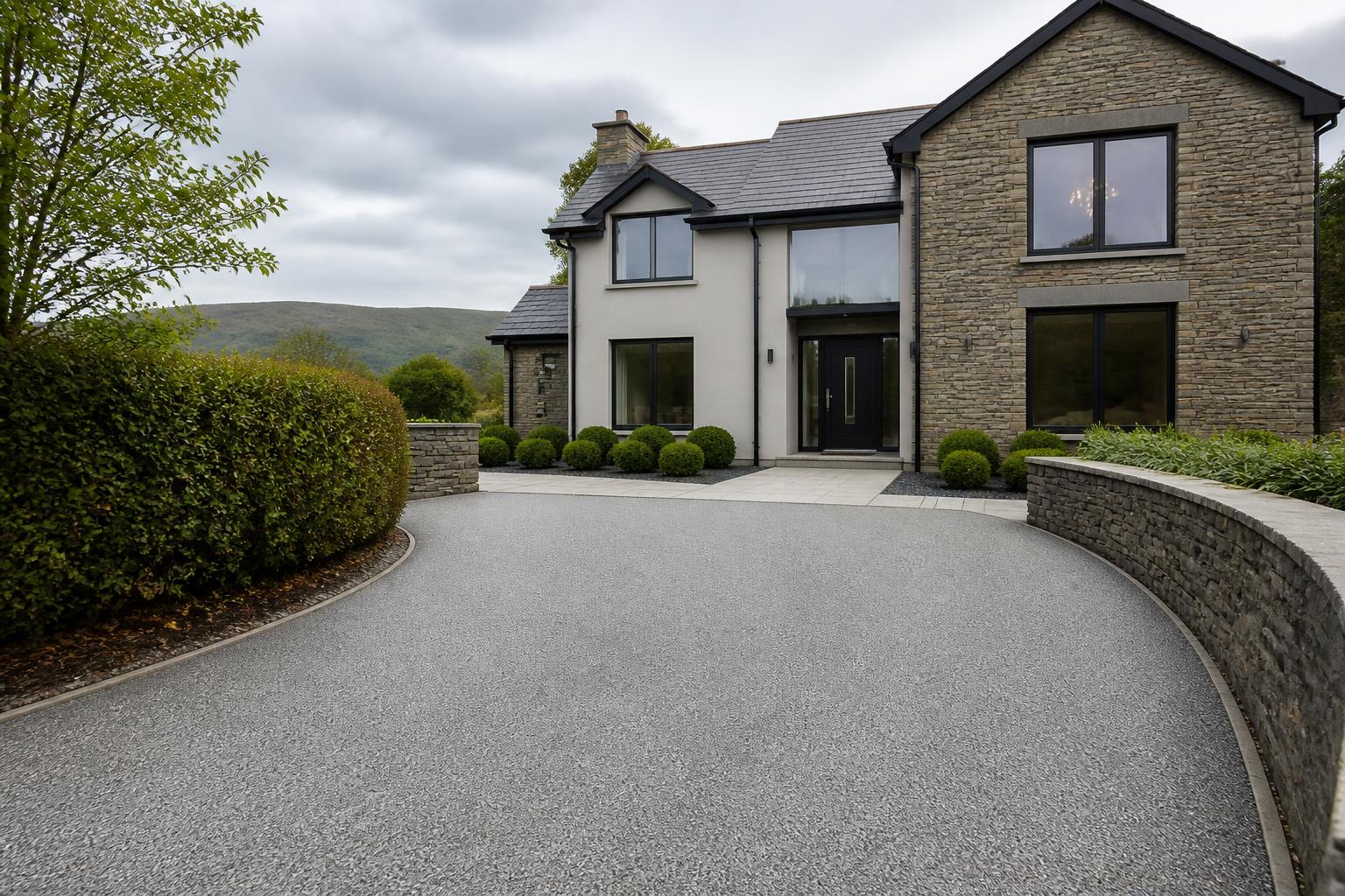 Resin bound driveway in front of a contemporary Cumbrian home in daylight