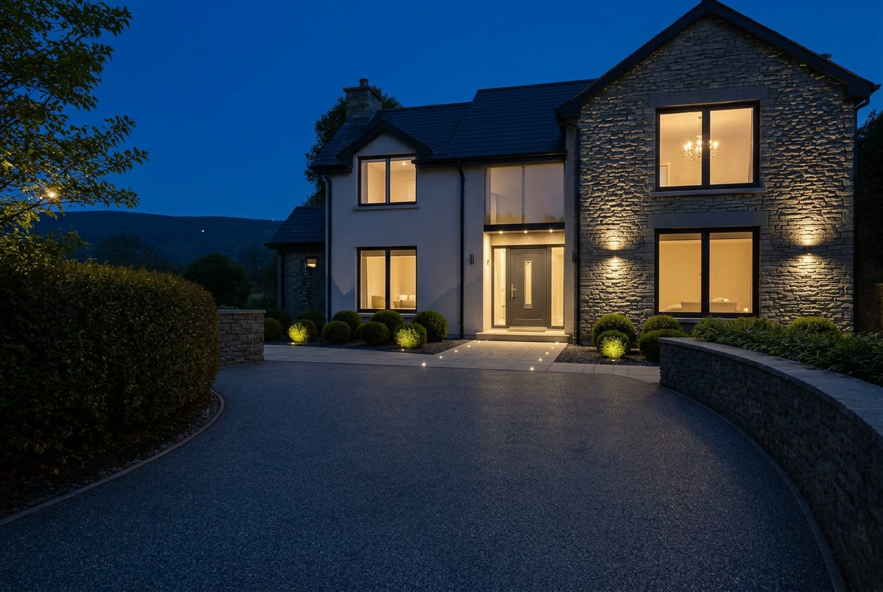 The same resin driveway at night with warm marker and pier lighting