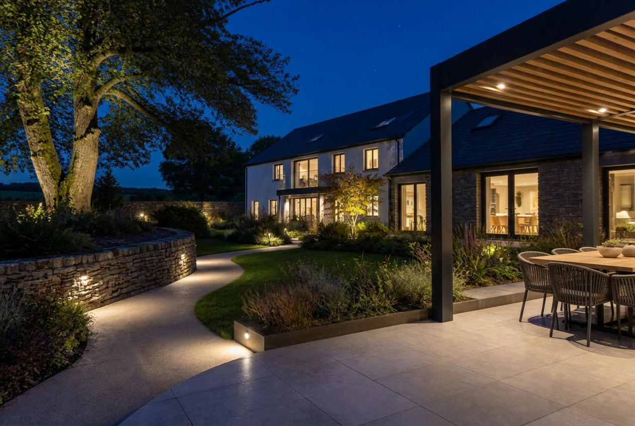 The same garden at night with selected trees and grasses softly uplit