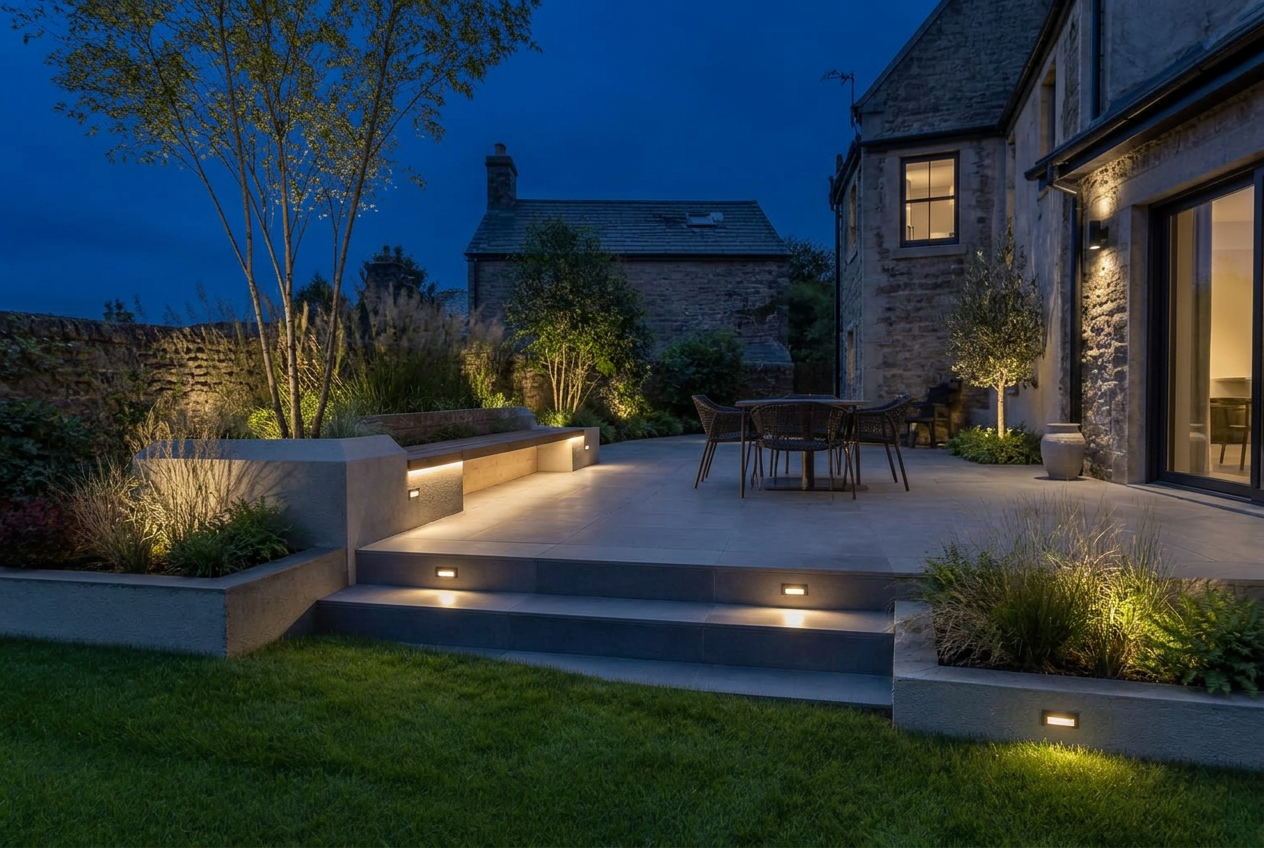 The same porcelain terrace at night with warm recessed step and bench lighting