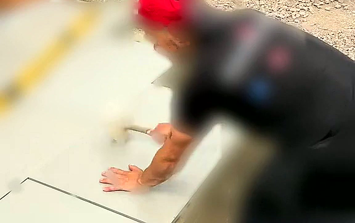 Joint alignment being checked between two porcelain slabs