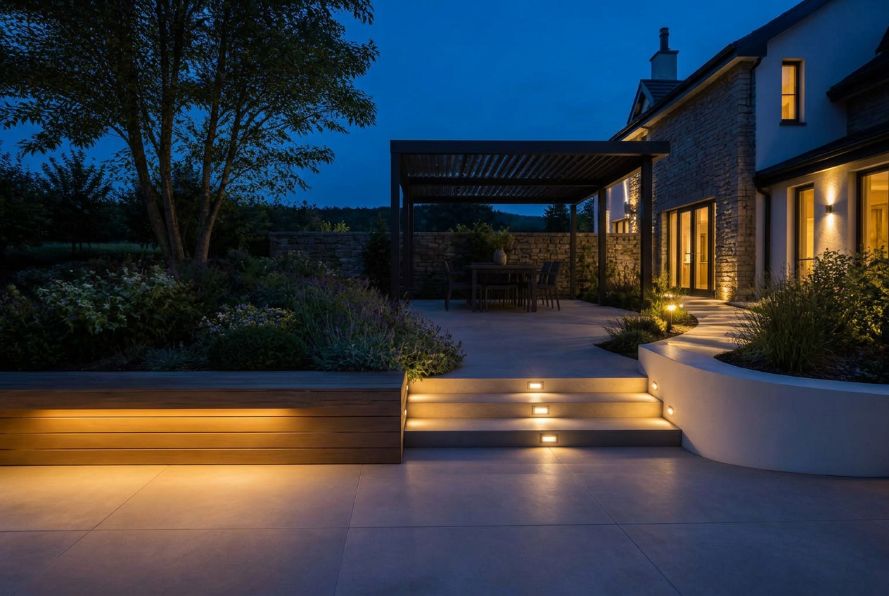Garden at night with only the path and entrance lit