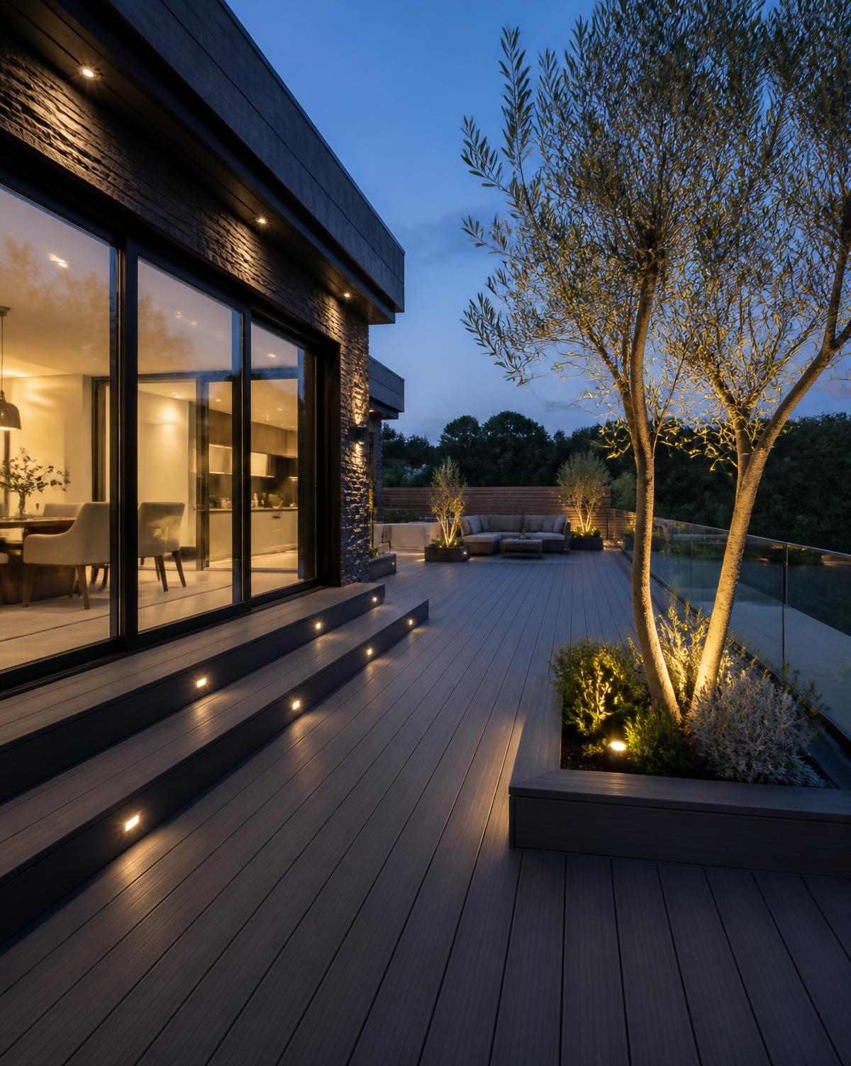 Composite decking terrace with glass balustrade at dusk