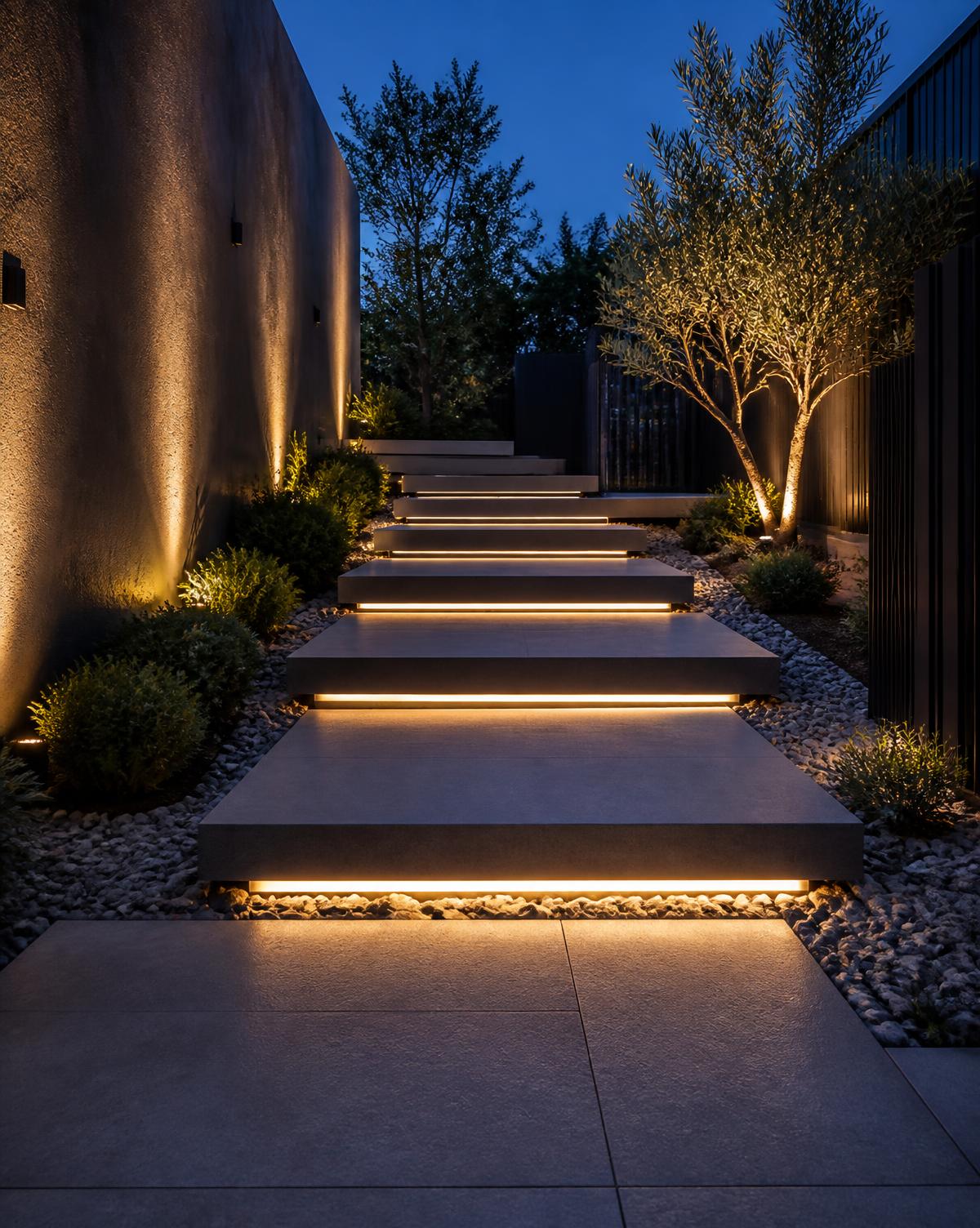 Contemporary porcelain garden steps with integrated lighting