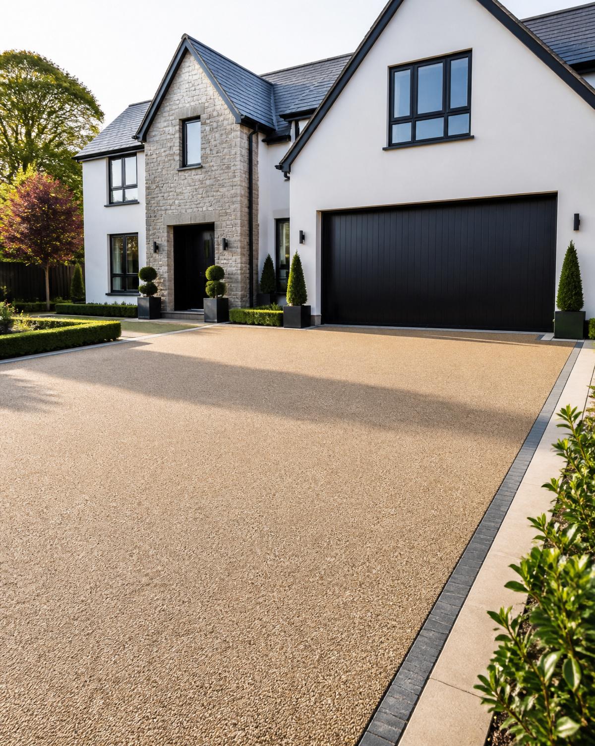 Resin bound driveway in warm stone gravel leading to a modern home