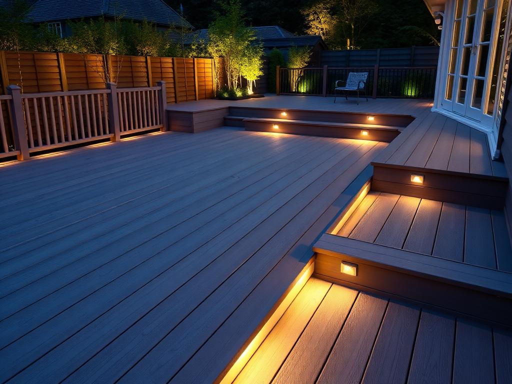 Composite decking at night with recessed edge lighting