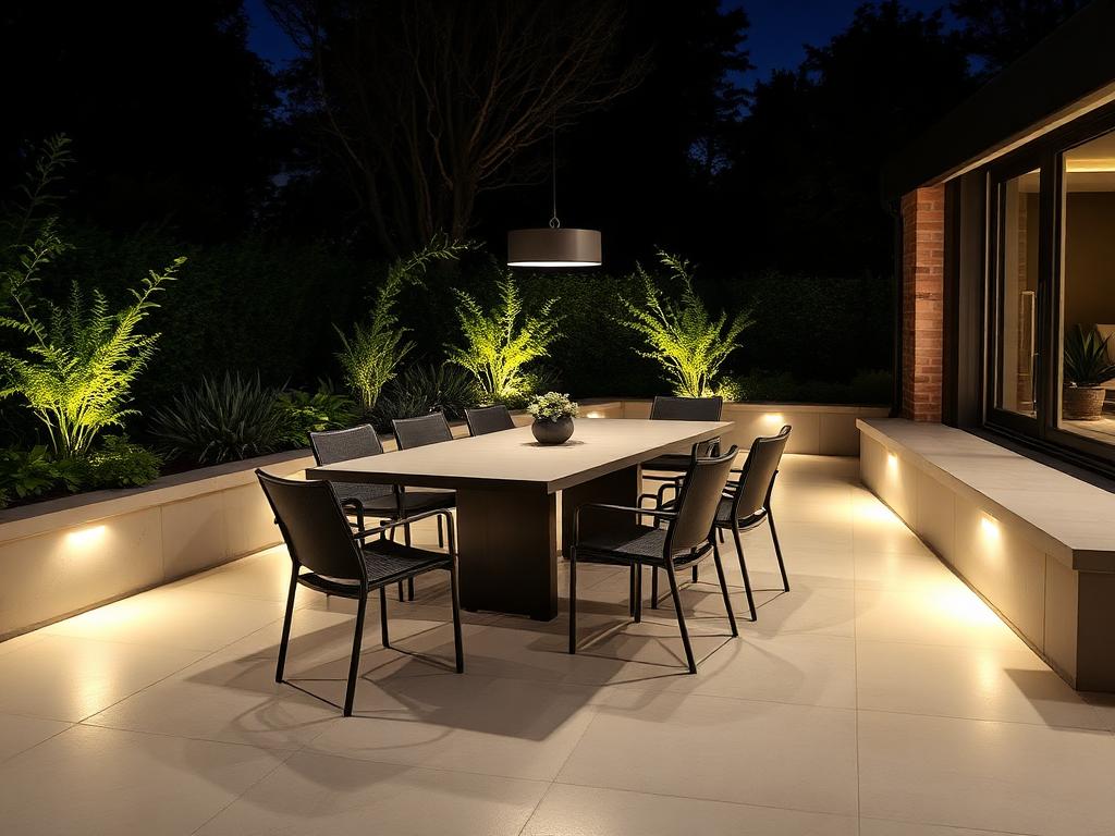 Outdoor dining table lit at night
