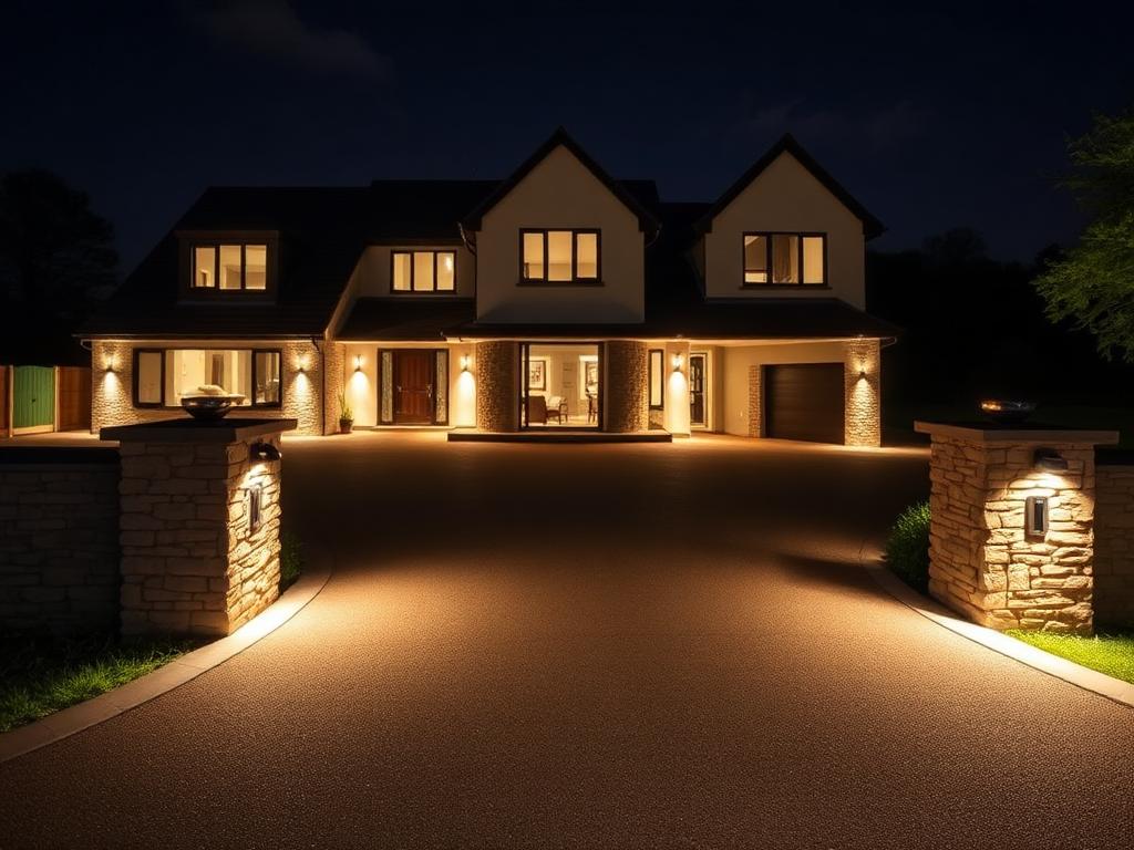 Resin driveway at night with discreet warm lighting