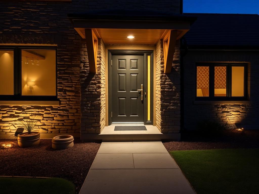 Contemporary home entrance lit at night