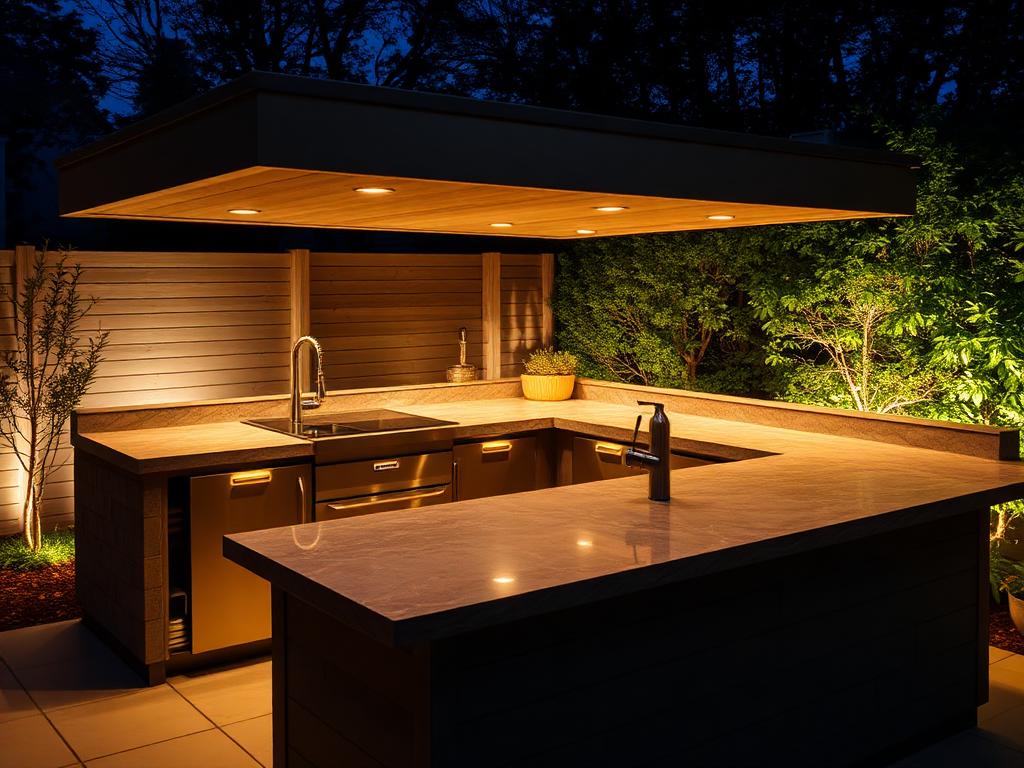 Outdoor kitchen at night with concealed task lighting