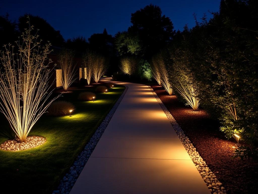 Garden path at night with low recessed lighting