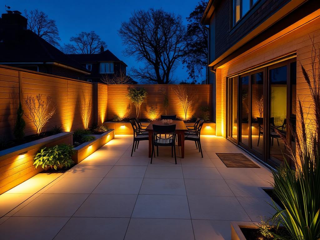 Porcelain patio at night with layered warm lighting