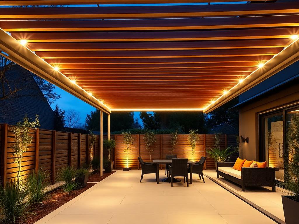Slatted pergola at night with integrated downlights
