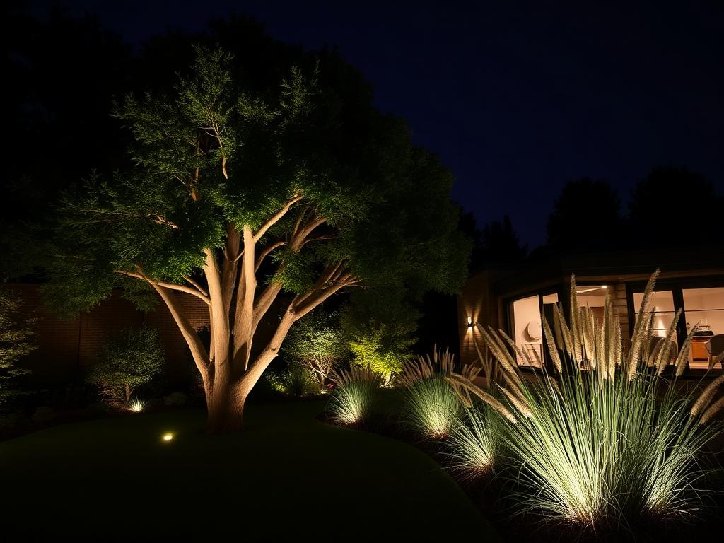Tree and grasses uplit in a garden at night