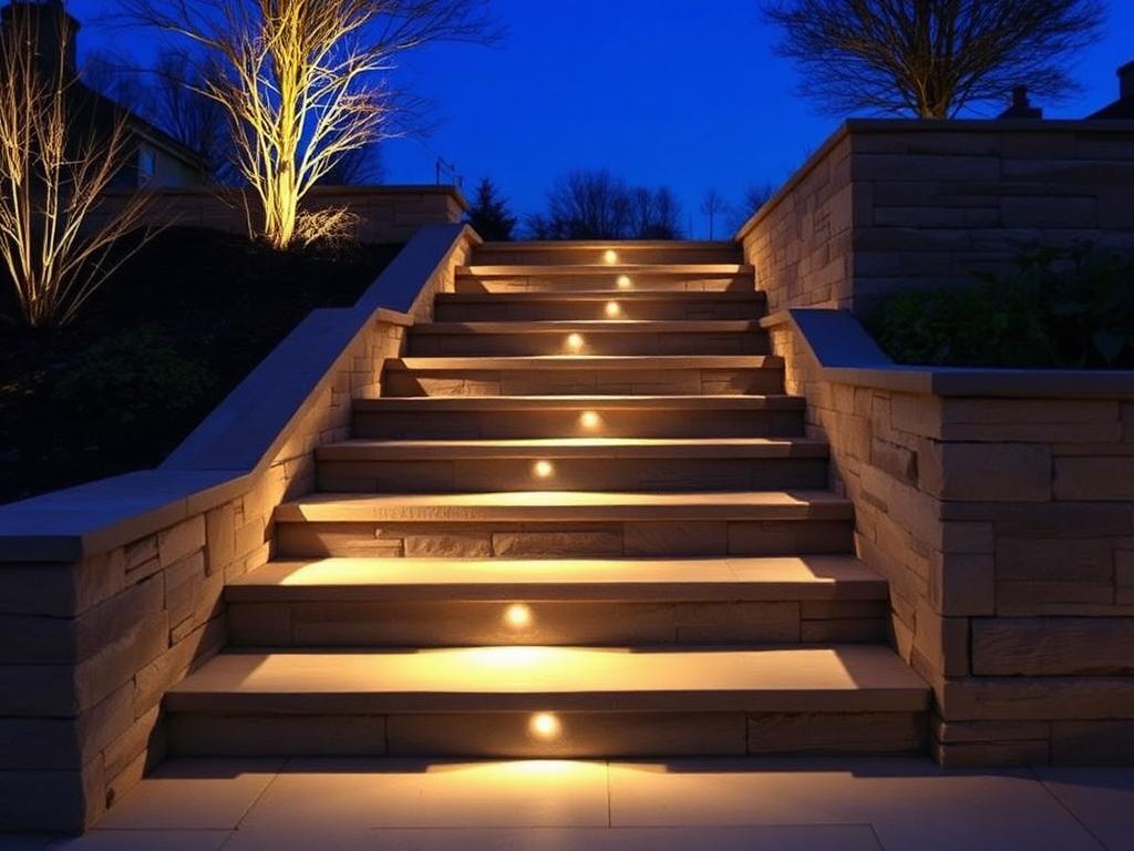 Stone garden steps at night with integrated riser lighting