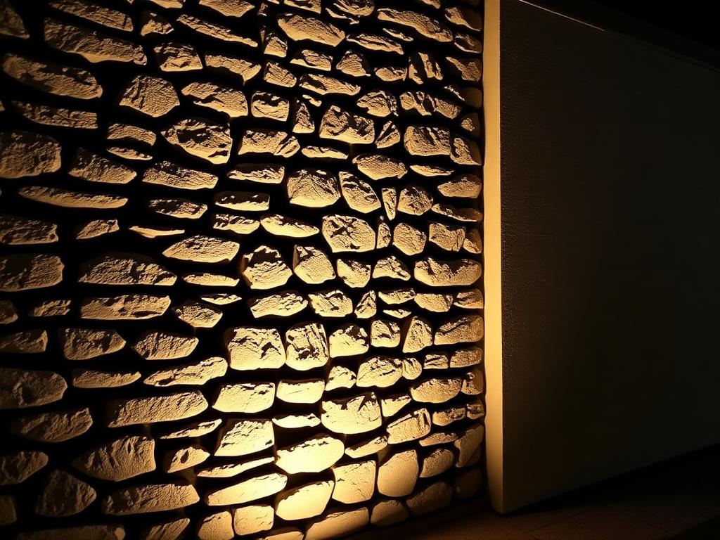 Stone garden wall grazed with warm light at night
