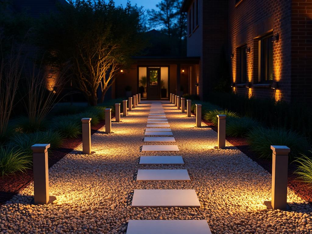 Low bollard lights along a gravel path