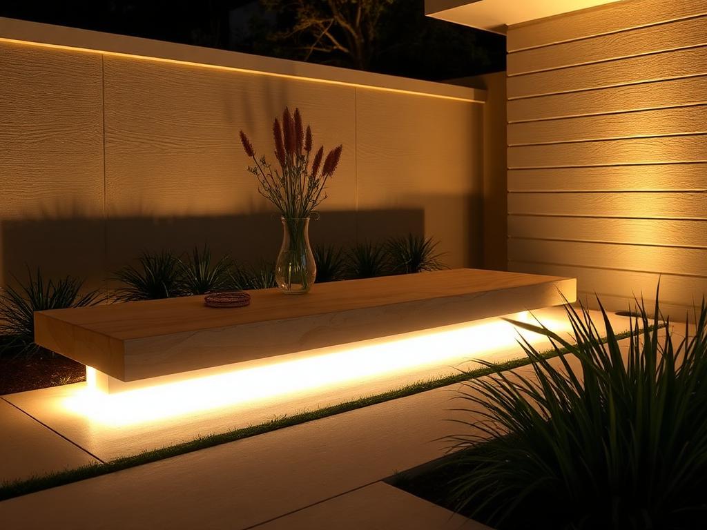Concealed linear LED strip beneath a stone bench