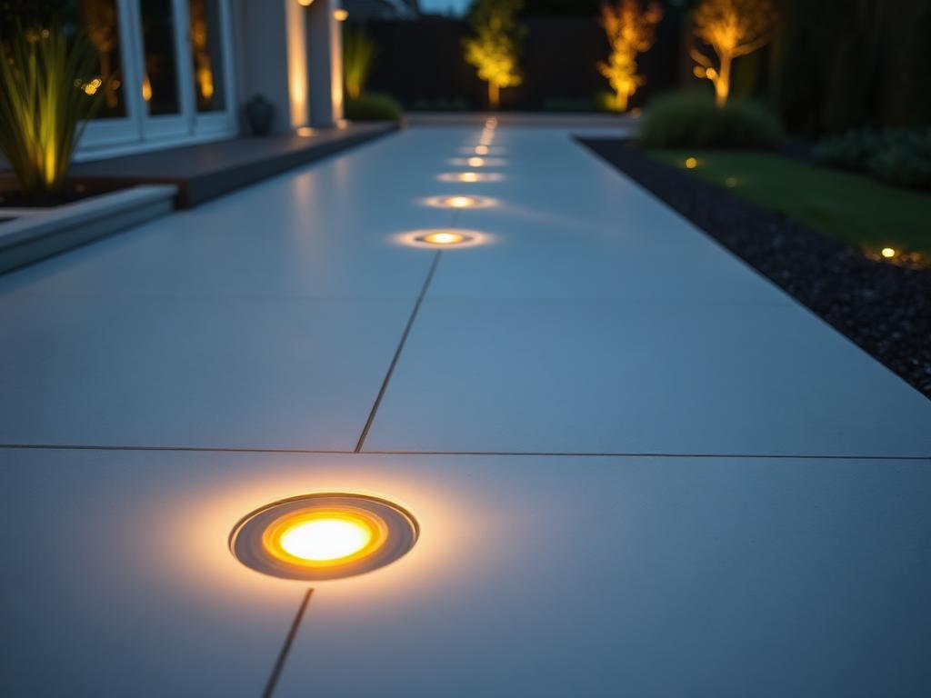 Recessed ground lights set into porcelain paving