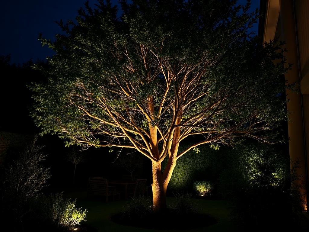 Spike spotlight uplighting a tree
