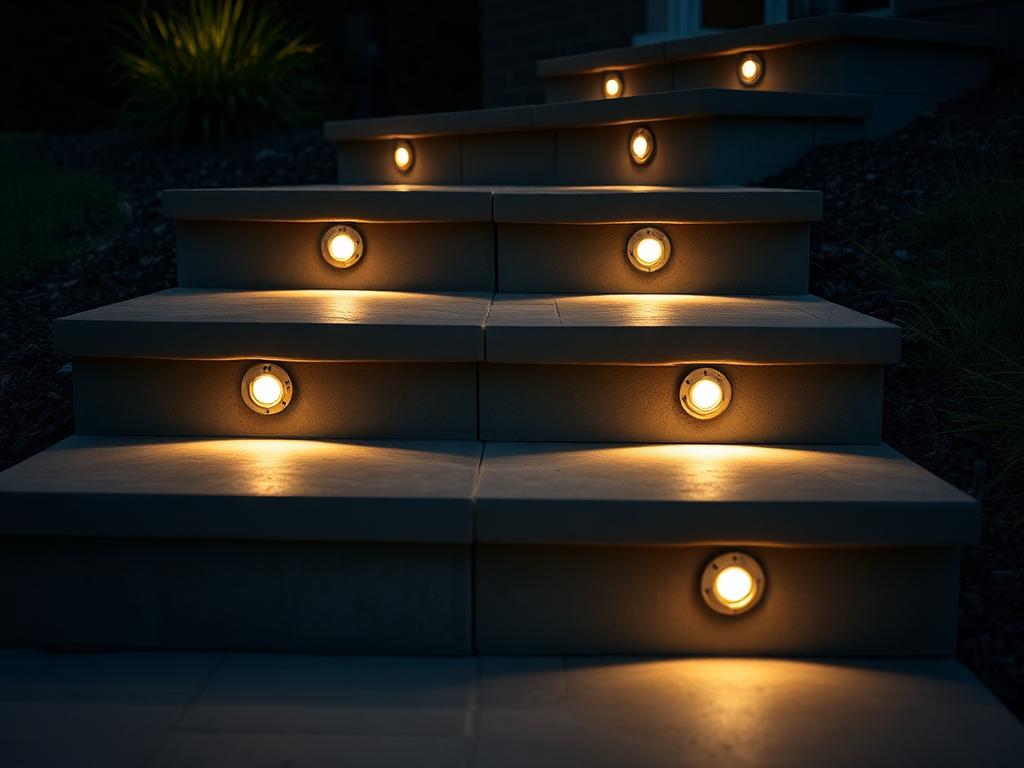 Warm step lights set into stone risers